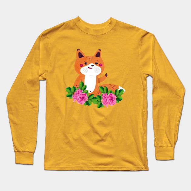 Cute Fox Animals Flower Long Sleeve T-Shirt by JeffDesign